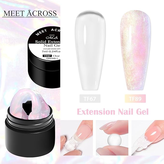 MEET ACROSS All-in-One Extension Mini Kit 2×7ml Non-Sticky Builder Gel Starter Kit WIth Base & Top Coat/Dual-Silicone Pen/Pro File/20-Pc Reusable Dual Forms Salon-Grade Extensions (Clear+Ultra Pink)