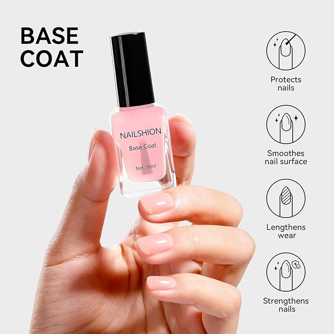 Clear Top Coat and Sheer Pink Base Coat Ridge Filler Strengthening Anti Chip Nail Polish, Non Gel, Rich in Castor Oil, Salon Quality, High Glossy Quick Dry Home DIY Nail Art Gift Set