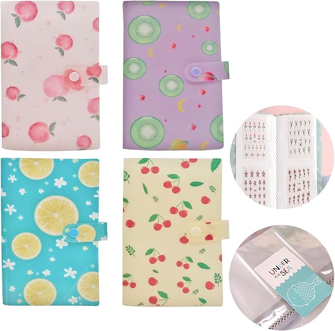 MIAO YUAN 4 PCS 120 slots (2.3×3.5") Nail Art Sticker Storage Books, Empty Collection Book for DIY Stickers, Nail Art Decal Display Set Transparent Collection Organizer - Fruit