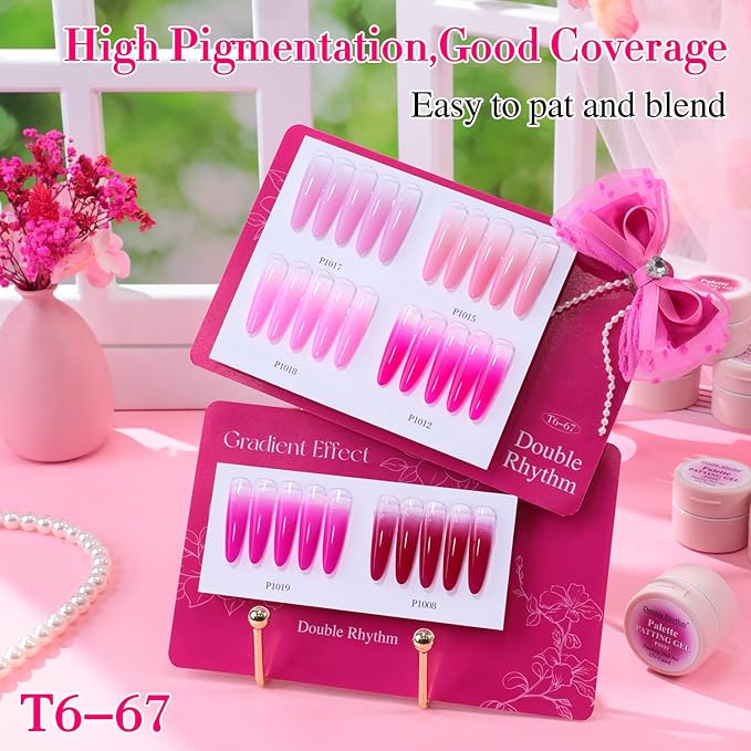 Double Rhythm Painting Gel Polish Set for Nail Art Palette Patting Gel Polish 6 Colors with 100 Pcs Sponges and Grabbing Pen (Pink Rose Purple-T6-67)