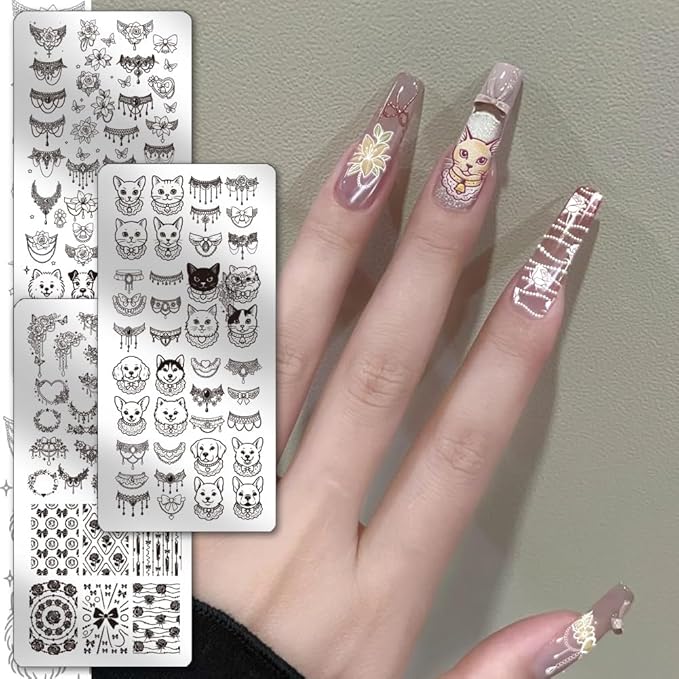 PH PandaHall 3pcs Dog Cat Nail Stamping Plates, Vintage Animal Collar Nail Art Templates Bowknot Heart Flower Stainless Steel Image Plate Art Stencils with Tool for DIY Print Manicures Salon Design