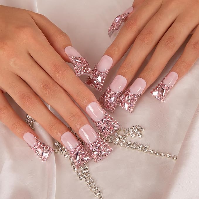 LOVFUL Press on Nails Pink French Tip Rhinestone | Handmade with Full Covered Crystals | Reusable Fake Nails | Duck Classic Regular 1.3 in | H27-L