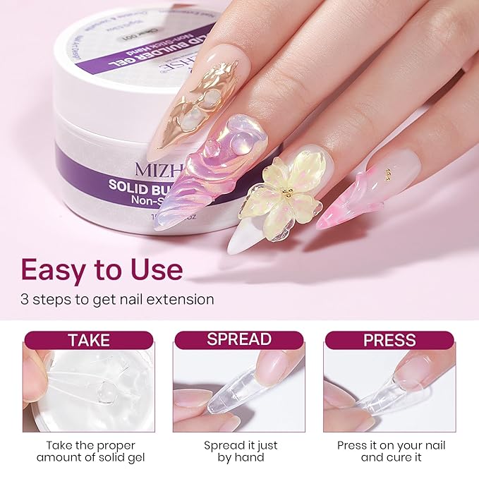 MIZHSE Solid Builder Gel for Nails, Non-Sticky Clear White Pink 3D Nail Art, Sculpting Building Hard Gel with Dual Form Silicone Pen for Carving Patterns Decoration Nail Art Manicure Home DIY