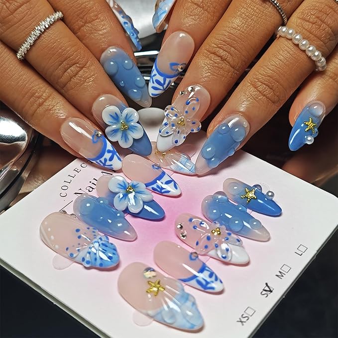 Handmade Acrylic Press On Nails Almond, 3D Press On Nails Medium, Ocean 3D Blue Nails French Tip Flower Bubble Preal For Women Gift, Reusable Stick On Fake Nails Kit With Nail Glue (Ocean Bloom-S)