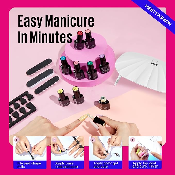MEFA 19 Pcs Gel Nail Polish Kit with U V Light, 12 Colors All Seasons Soak Off Gel Polish Nail Set with Base Top Coat Essential Manicure Tools Beginners Salon Nails Art DIY