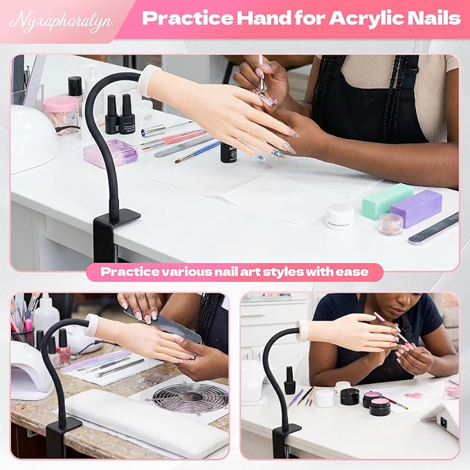 Practice Hand for Acrylic Nails, 2 Pack Flexible Bendable Nail Hand with Adjustable Stand, Nail Training Kit for Beginners & Nail Artists (Left and Right)