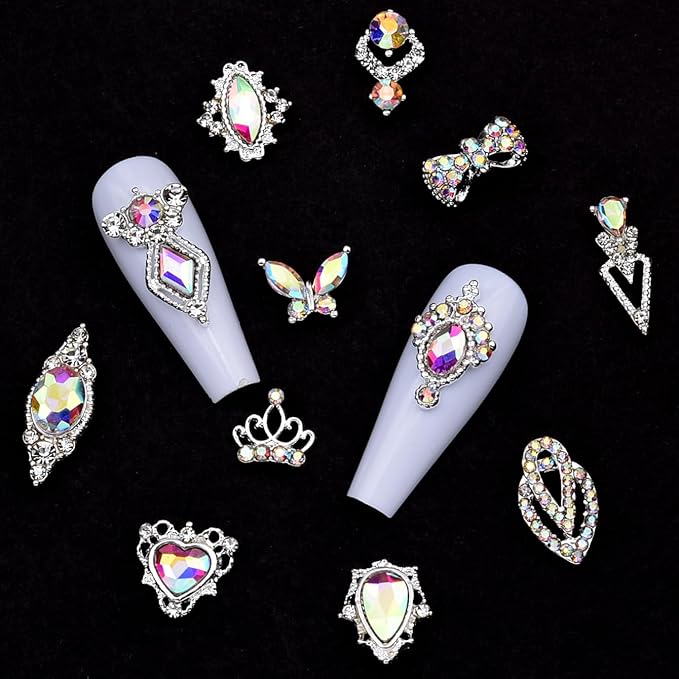 120pcs Nail Art Rhinestones Kit - 12 Styles Gradient AB Silver Glitter Nail Charm Gems for DIY Manicure, Jewelry Making, Craft Decor, Y2K Women Girl Nail Beginners Designers, Acrylic Nail Supplies