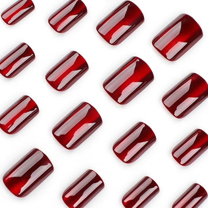 Wine Red Press on Nails Short Square Fake Nails Cat Eye Acrylic Nails Glossy Shiny False Nail Press ons Jelly Gel Design Red Full Cover Glue on Nail for Women Girls Manicure Nail Decoration