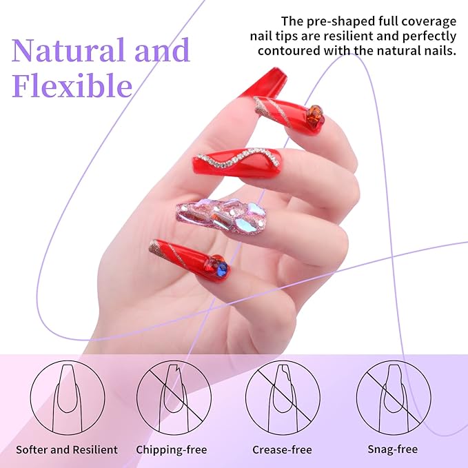 Clara Colors 550pcs Long Coffin Full Tip Coverage Clear Acrylic Artificial False Soft Gel Nail Tips Full Kit with Primer, Base Adhesive, Top Coat, UV Lamp, and Buffer