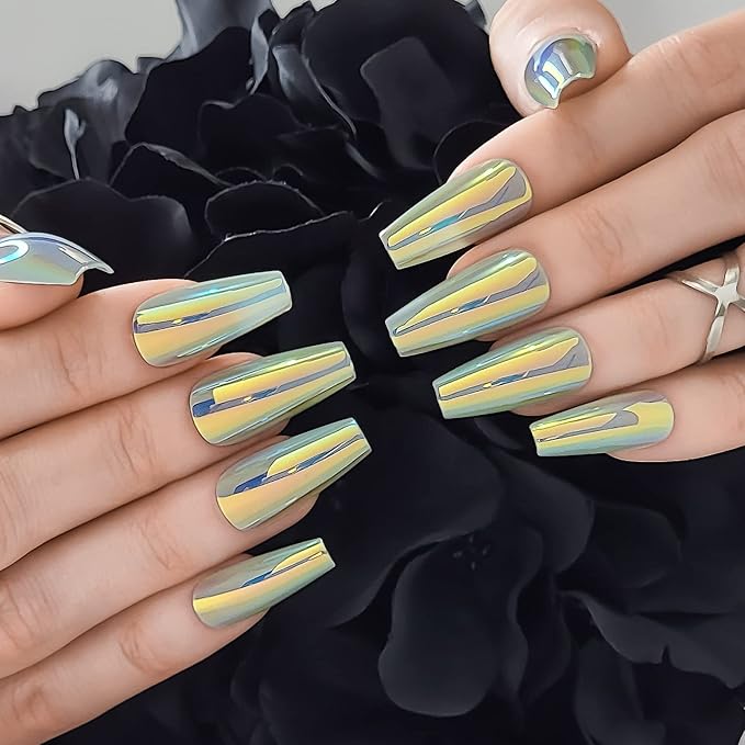 Hypnaughty 24 Pcs Chameleon Chrome Luxury Coffin Medium Long Press On Nails and Glue Reflective Mirror False Nails (Chameleon)