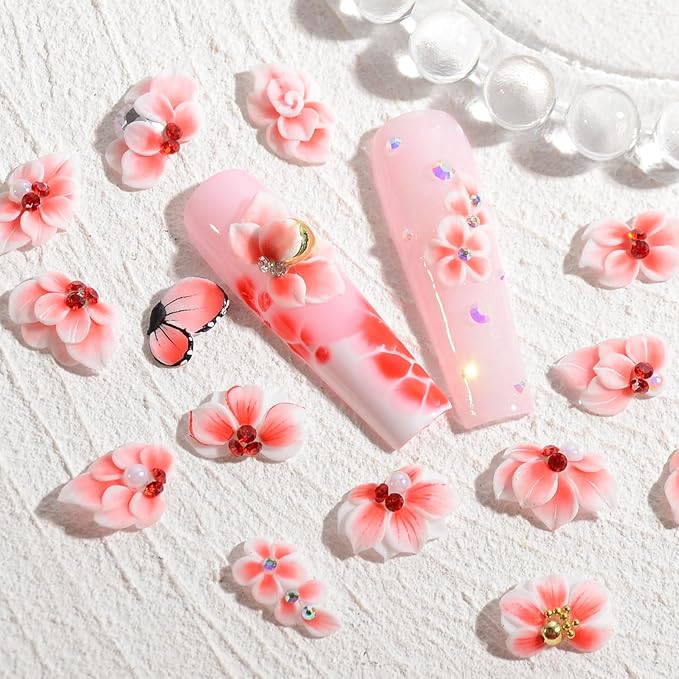 30PCS 3D Handmade Flower Nail Art Charms Advanced Handcrafted Cherry Blossom Flower Colorful Sculpted Floral Nails with Rhinestone Caviar Beads Design for Women Profession Nail Art Craft Jewelry
