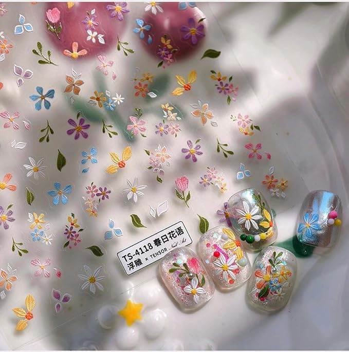 Dedyel Colorful Flower Nail Stickers 5D Embossed Self Adhesive Nail Stickers Spring Summer Flower Design Nail Art Decoration for Women Girls Kids