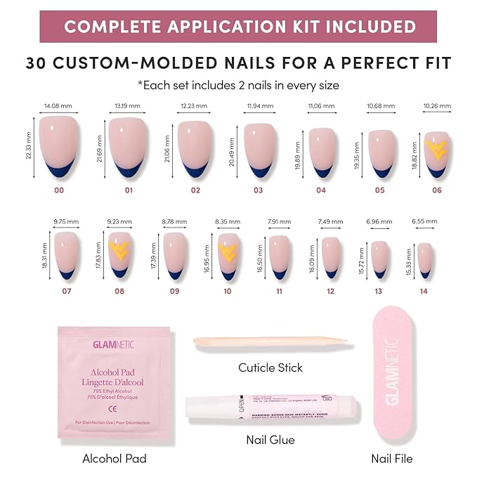 Glamnetic x Fanatics Press On Nails - West Virginia Mountaineers | Short Almond Fake Nails, Collegiate Mountaineer Blue French Tips, College Nails, Salon-Quality | 15 Sizes - 30 Nail Kit with Glue