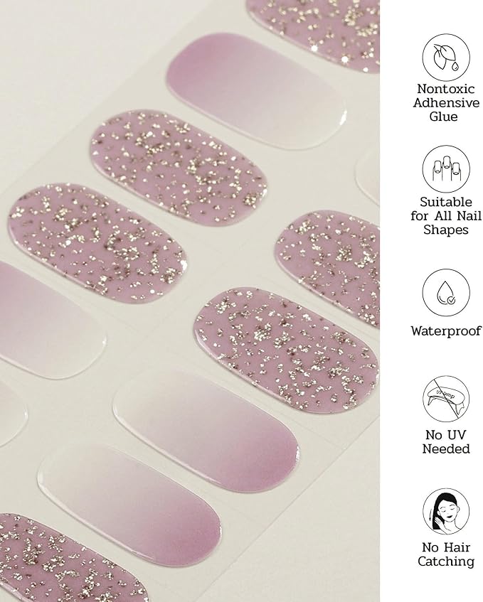 Nail Polish Strips (No UV Lamp Needed) - 22 Pcs Salon Quality Gel Nail Stickers - Long Lasting Wraps (Dancing Queen Eggplant Glitter)