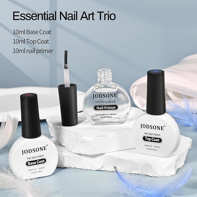 JODSONE 3Pcs 10ml Top Coat Base Coat Nail Primer Set No Wipe Gel for Long Lasting Manicures Nail Primer Enhances Adhesion Requires U V Lamp Curing