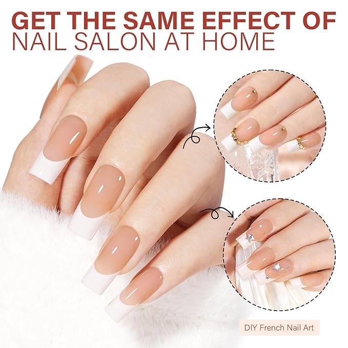AILLSA French Gel Nail Tips, 180 Pcs Brown French Tip Press On Nail Long Square, Pre-Applied Primer & Base Coat No Need File, Soft Nail Tips Square, Fake Nails with Designs DIY for Women Gift 15 Sizes