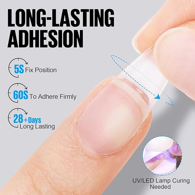 TOMICCA 6 in 1 Brush On Nail Glue for Press Ons 8ml Gel Nail Glue Strong for Acrylic Nails Lamp Curing Needed UV, DIY Home Salon Use