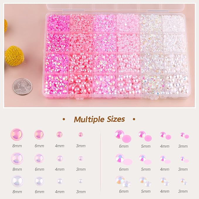 14000PCS Flatback Pearls and Pink Rhinestones for Bedazzling Kit, Pink White Mixed Size 3-8mm Resin Rhinestones and Half Pearls Gems for Crafting, Nail Art and Grad Cap Decoration