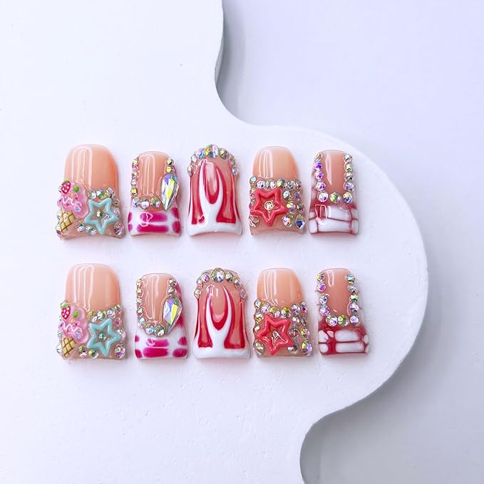 10 Pcs Thick Press on Nails Medium Duck Handmade Nails with Glue,Nude Pink False Nails Luxury Rhinestone Fake Nails with Red Dot Glossy Acrylic Reusable Stick on Nail for Women（Size M）