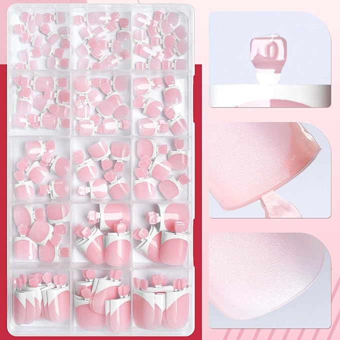 150pc White French Tips Press on Toenails Women Fake Toe Nails Kit, Pink Toe Nail Press ons Nail Short Square Fake Toenails French Toes Nail Tips Stick Acrylic Toes Nails Tip with Adhesive Tabs