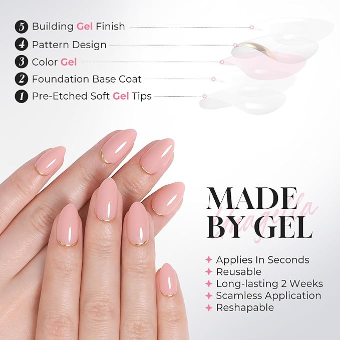 UNA GELLA 32Pcs Soft Gel Press on Nails - 16 Sizes Gold Rim Nude Pink Almond Glue on Nails, Reusable Elegant French False Nails, Full Cover Acrylic Nail Kit for Women DIY Home Manicure