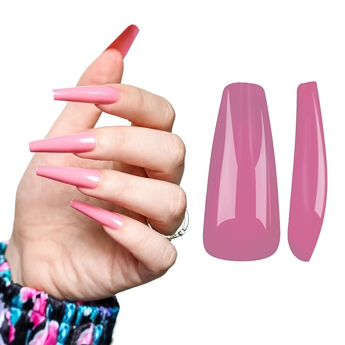 Allkem Press On Nails - Rose Pink Glossy Extra Long Ballerina 2 Set Bundle | 10 sizes - 20 pcs False Nails Full Cover Nail Kit with Glue