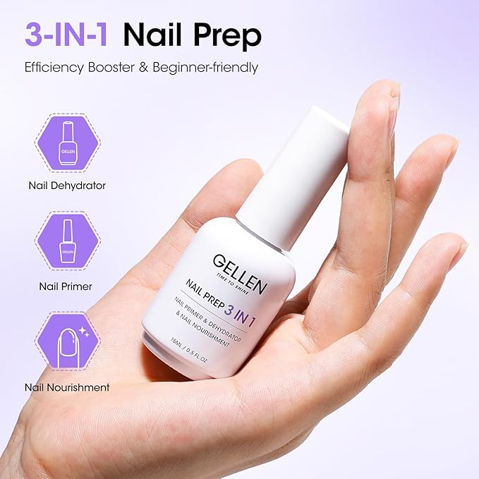 GELLEN Nail Primer and Dehydrator, 3-in-1 Acid-free Nourishing Nail Prep for Gel & Acrylic Nails, Gentle with Squalane VE Promote Health, 15ML 3s Air Dry Dehydrate Long-lasting Nails Art Supplies
