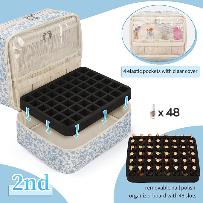Nail Polish Organizer, Nail Supplies Storage Case Holds 69 Bottles Nail Polish & Nail Lamp, Travel Nail Tech Carrying Bag, Nail Kit Bag for Nail Stuff & Manicure Tools (Floral Blue, 69 Slots)