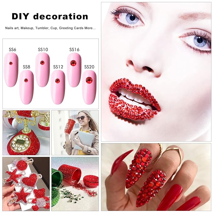 4240Pcs Flatback Red Rhinestones Glass Crystal Diamonds for Nail Art Eye Jewels Glitter Round with Tweezers and Picking Pen (SS6~SS20 Set)