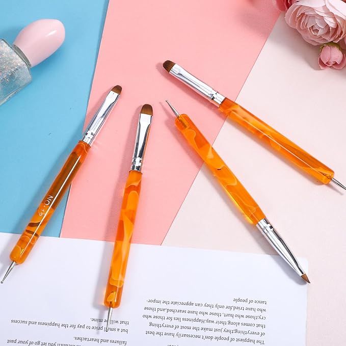 4pcs French Gel Nail Art Brush Acrylic Two Way Nail Art Brush with Dotting Professional Manicure Tool for Manicure Cuticle Clean up Detailed Designs Nails Dotting Pen (10#, 12#, 14#, 16#)