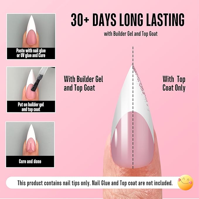 NOVO OVO White French Tip Sharp Stiletto Pointed Medium Long Nail Tips Press on Berry Pink, Soft Gel Fake Acrylic Extension, Full Cover False Nails for Salon DIY x 16 Sizes 160 pcs