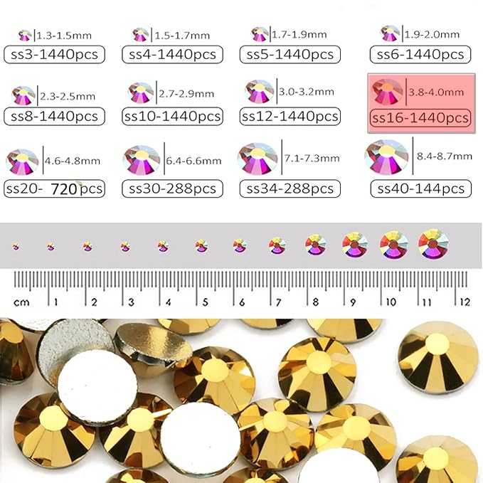 Dowarm 1440 Pieces SS16 Flatback Rhinestones, 4MM Glass Crystal Rhinestones for Craft Nails Dance Costumes, Flat Back Nail Crystals, Non Hotfix Rhinestone (SS16 / 4MM, Bright Gold)
