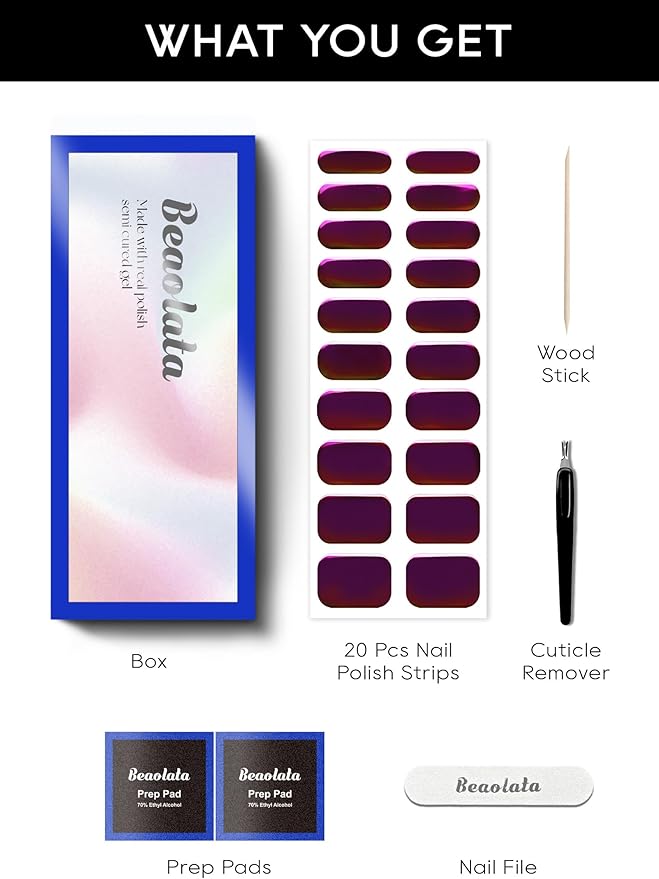 Semi Cured Gel Nail Strips - UV Light Gel Nail Stickers - 20 Long Lasting Salon Quality Wraps (Starlight Rave Red)