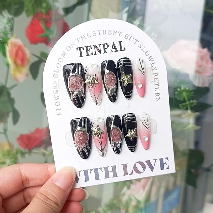 Y2k Press on Nails long Stiletto,Black Star Charms Glitter Swirl, Soft Gel Fake Nails With Tools,Handmade Acrylic 10pcs/Box Pink False Nails With Air Brush Designs(XS)