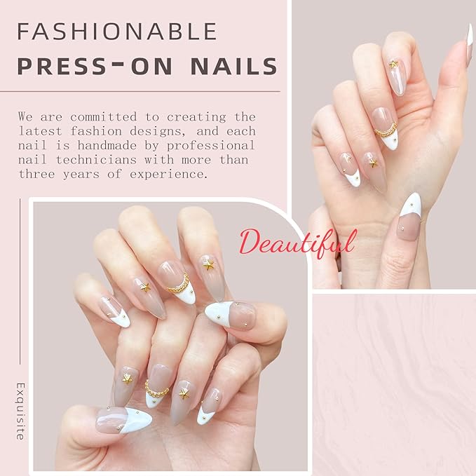 Handmade Press On Nails Medium Almond Shape - 3D Gold Metallic Embellished White French Manicure False Nails ， Minimalist Design | Salon Quality Reusable Fake Nails(10PCS-M)