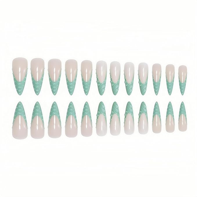 Stiletto Press on Nails Long Fake Nails Green Extra Long Glossy Acrylic Nail Press on French Tip Artificial with 3D Water Droplets Designs Stick on Nail for Women 24pcs