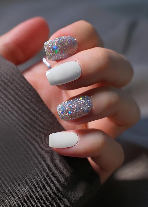 Semi Cured Gel Nail Strips, 20Pcs Long Lasting Salon Quality Wraps, Easy Apply & Remove Gel Nail Stickers with UV Light (Glitter Goblin White)
