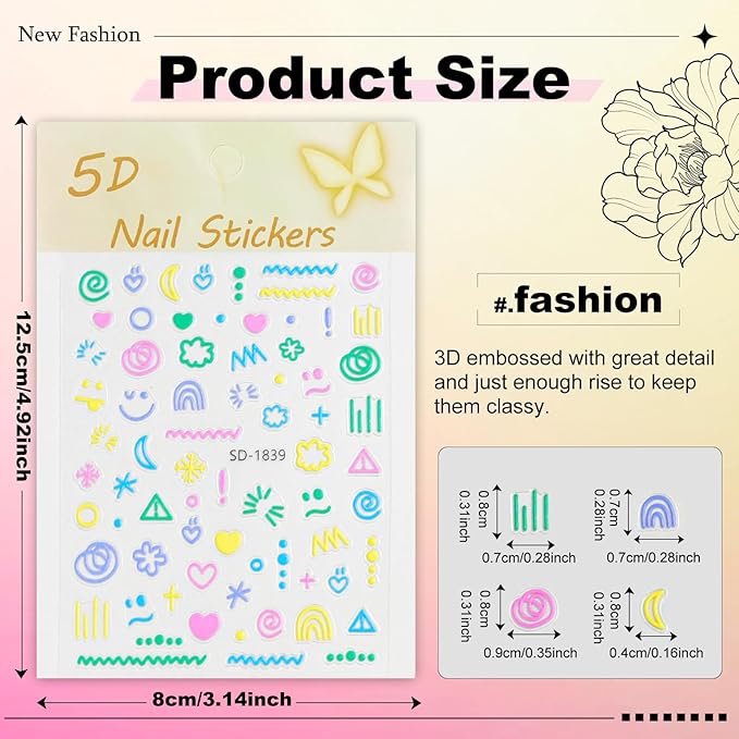 12 Sheets Cute Nail Stickers for Nail Art Stickers Cartoon Decals 3D Self-Adhesive Pegatinas Uñas Colored Letters Rainbow Flower Strawberry Nails Art Design for Women Manicure Decoration YX1231