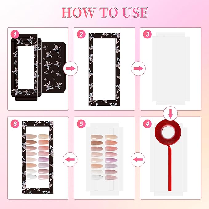 ANGNYA 72PCS Empty Press On Nail Packaging Box Contains 35PCS Butterfly Press On Nail Boxes, 35PCS White Display Cards, 2PCS Double Sided Tapes, Nail Tip Storage Case for Press-on Nail Business