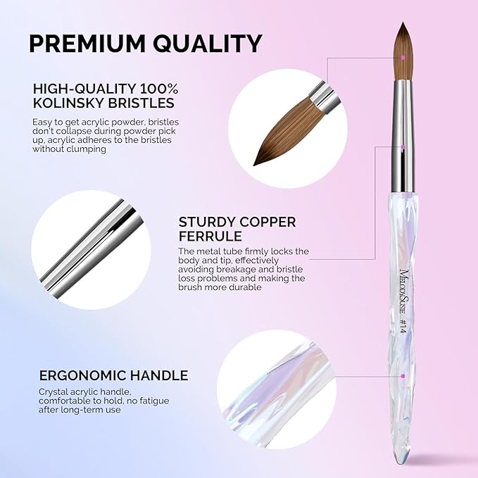 MelodySusie Kolinsky Acrylic Nail Brush, 100% Pure Kolinsky Hair, Professional Nail Brush for Acrylic Powder Nail Extension and 3D Nail Carving, for DIY Home Salon, Size 14
