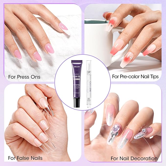 Gellen Nail Glue and Remover Kit, UV Gel Nail Glue for Press Ons, 2 Pcs Non Acetone Gel Nail Glue Removers, Long Lasting Semi Solid Nail Glue Gel, Gentle Gel Glue Off for Beginner DIY at Home