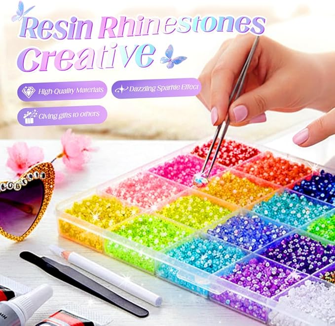 Bedazzling Kit with Rhinestones, Resin Rhinestone Kit for Bedazzling, 3mm Flatback Bedazzling Gems with Tweezers & Glue, Gems for Crafting, Nail Art & DIY Decor (32000Pcs)
