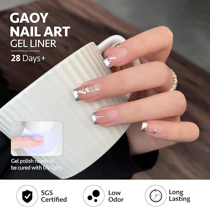 GAOY Metallic Silver Gel Nail Polish Art Liner, 12ml 3D Mirror Chrome Effect Color Nail Paint Design with Thin Brush, UV Light Cure for DIY Manicure at Home