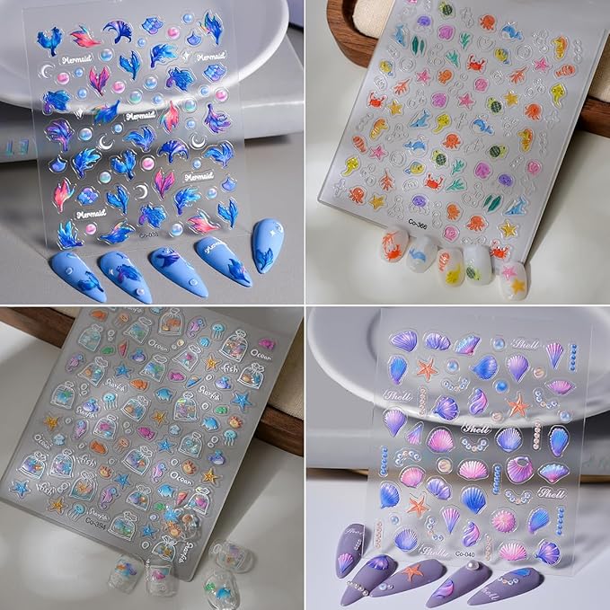 Zoance 5D Embossed Shell Starfish Nail Art Stickers, Self Adhesive Marine Life Nail Decals 4 Sheets Jellyfish Fishtail Pearl Nail Stickers for Nail Art Supplies Women Girls Nail DIY Decorations