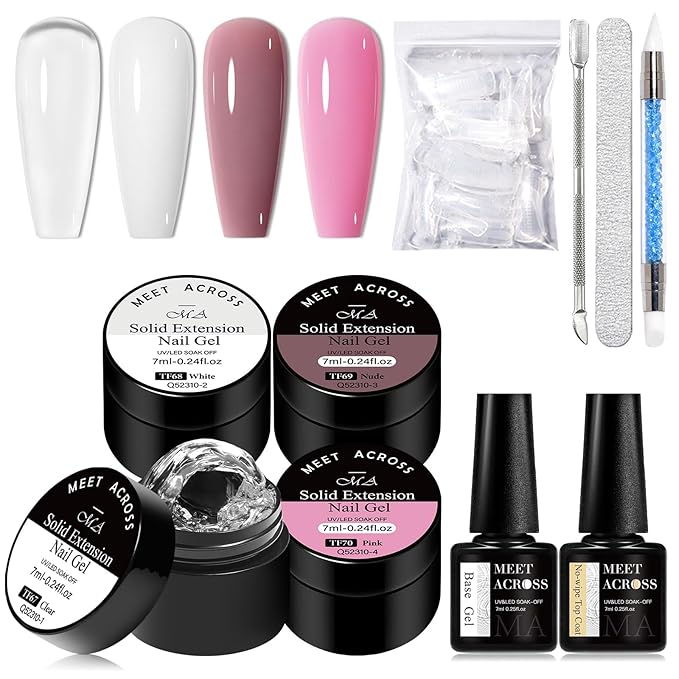 MEET ACROSS All-in-One Extension Mini Kit Non-Sticky Builder Gel Starter Kit WIth Base & Top Coat/Dual-Silicone Pen/Pro File/20-Pc Reusable Dual Forms Salon-Grade Extensions (Clear+White+Nude+Pink)