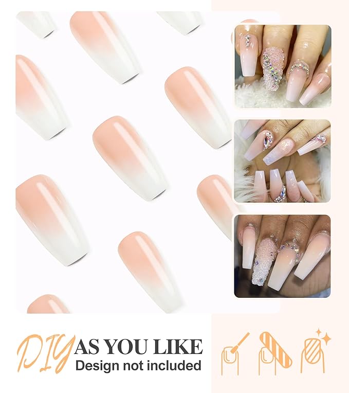 Morily Press on Nails - Pink Ombre Coffin Fake Nails Medium Length, French Tip Glossy False Stick on Fingernails for Women - 24Pcs in 12 Sizes