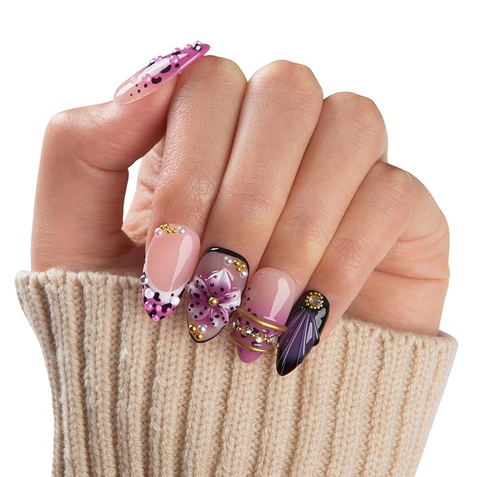 LOVFUL Short Press on Nails Plum Noir | Handmade Acrylic Press ons| Reusable Fake False Nails | Almond Regular 1.0in | H740-S