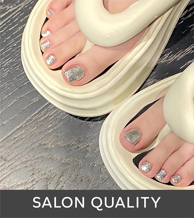 Semi Cured Gel Nail Strips - 26 PCS Salon Quality Toe Gel Nail Stickers for All UV Light - Longlasting & Easy Remove Toe Wraps Art Kit for Women (Starry Silver)