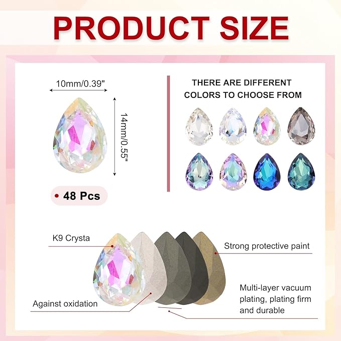MECCANIXITY 48 Pcs 3D Teardrop Rhinestones Diamond Nail Charm Crystal Pointback K9 Glass Rhinestones Crystal Gems for Jewelry Making, Craft, 10x14mm, AB Transparent