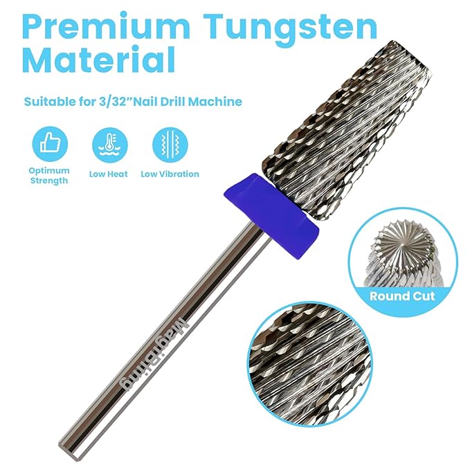 6.6mm Large Tapered Barrel 5-in-1 Nail Drill Bit, 3/32" Safety Cross-Cut Tungsten Carbide Efile Bit for Fast Gel & Acrylic Removal, Two-Way Rotation, Professional Nail Tech & Beginner Bit, Medium.